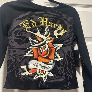 Ed Hardy Long Sleeve Tee - Black with Orange and Yellow Graphic